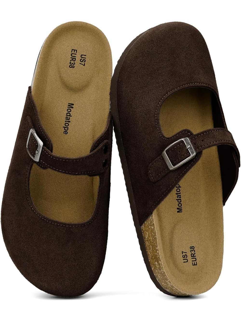 🆕 Women Brown Suede Mary Jane Clogs Cork Footbed Slip On Buckle Strap Mules